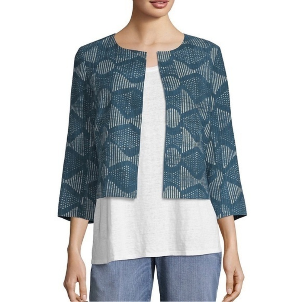 Eileen Fisher Hand Printed Organic Cotton Indigo Jacket 3/4 Sleeve Size Small